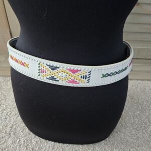 White Leather Belt Size 34 Woven Western Colorful Fun Vintage Statement